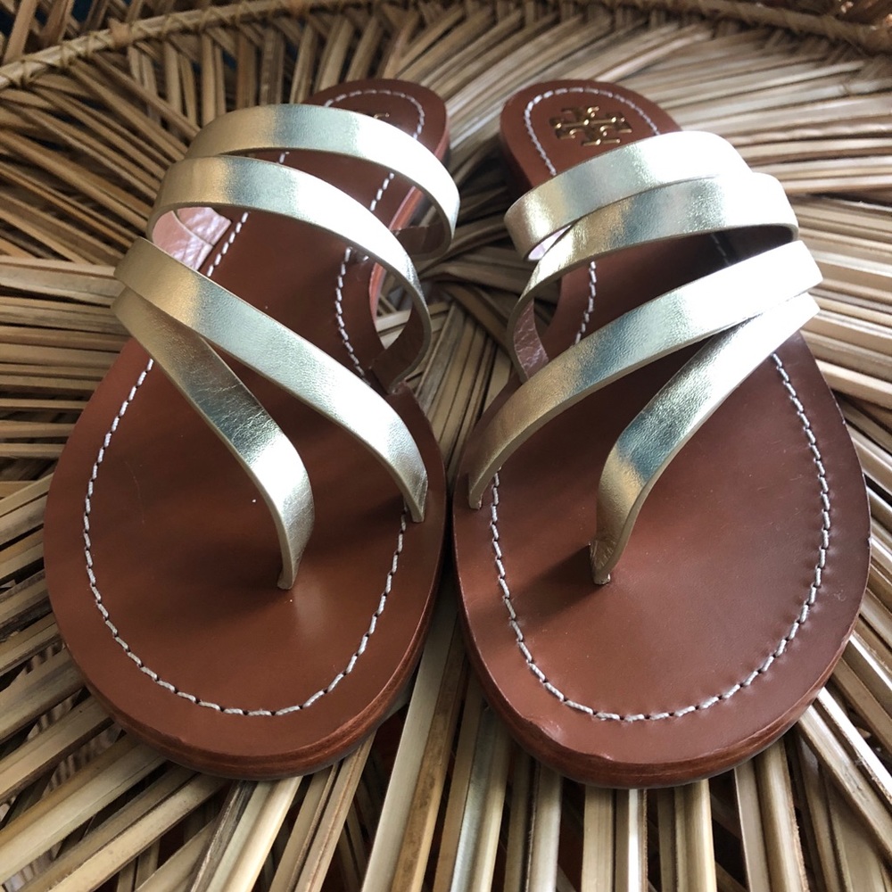 TORY BURCH PATOS GOLD STRAPPY SLIP ON SANDAL 8.5